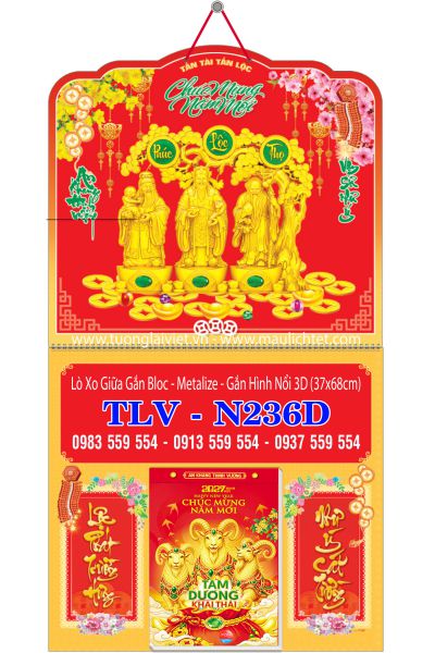 Bìa lịch tết lò xo dán nổi Phúc Lộc Thọ
